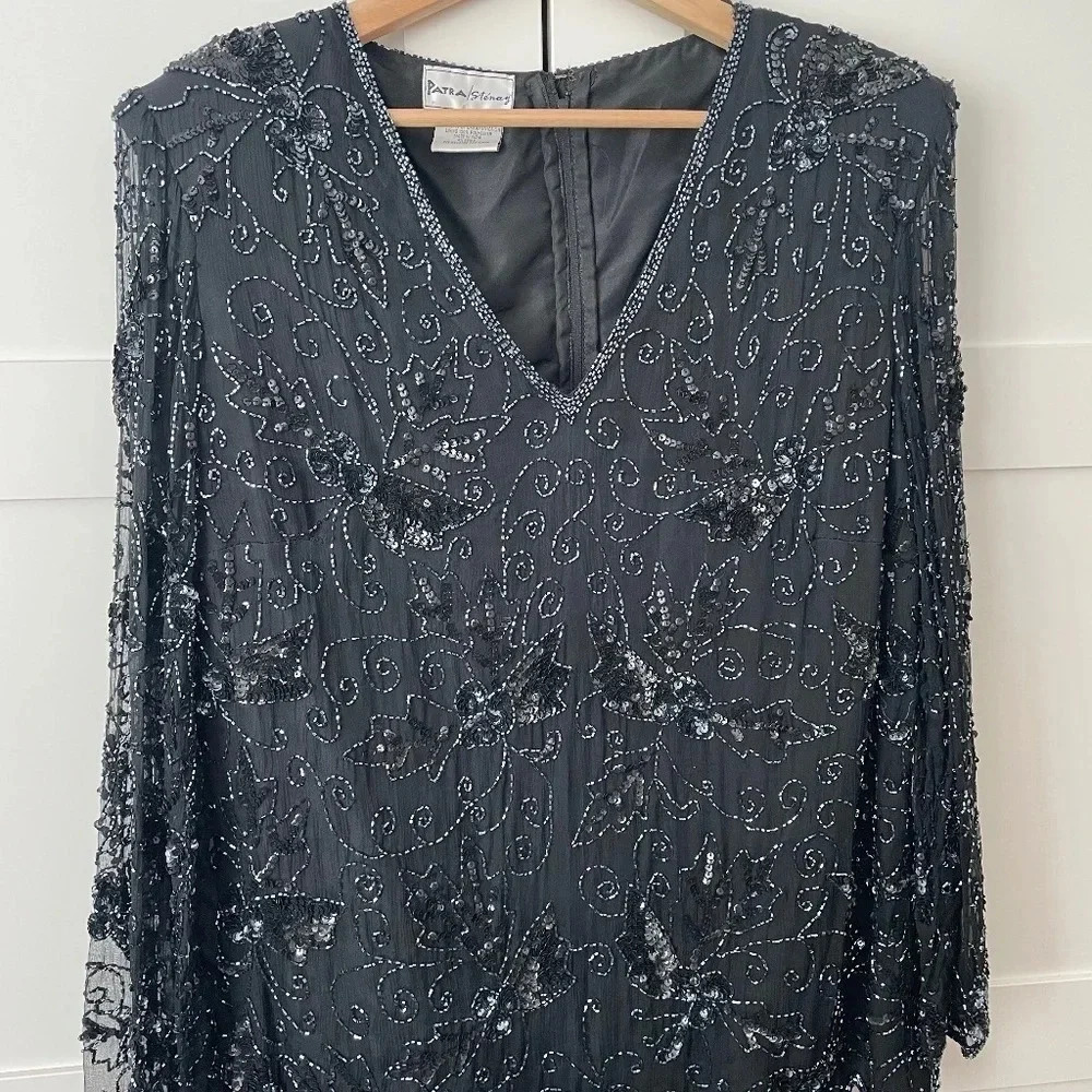 80’s Vintage Black Beaded Silk Top With Shear Sleeves S 2X (Large) New Year’s!